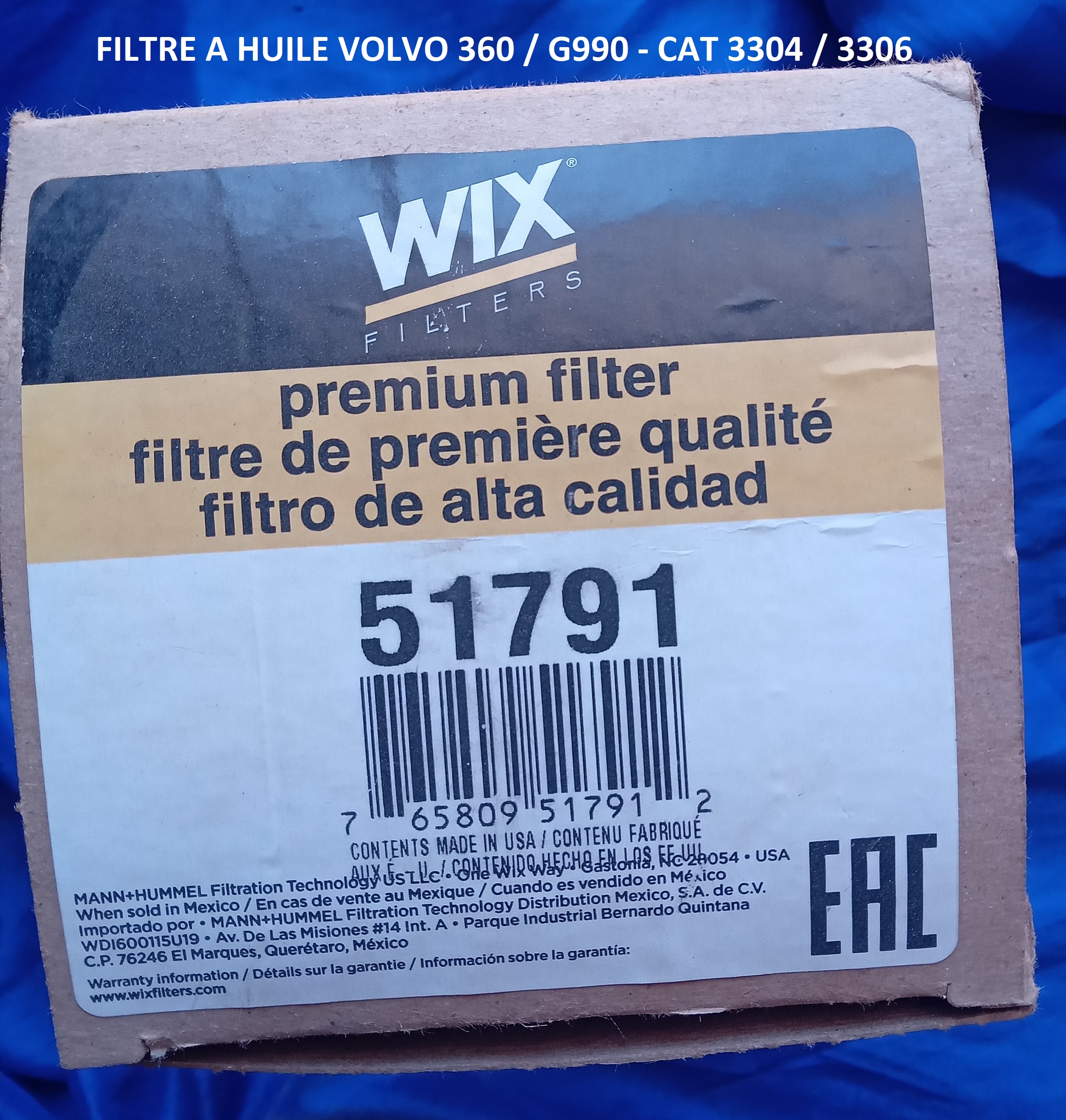 FILTRE A HUILE VOLVO 360 ET G990 CAT 3304/3306